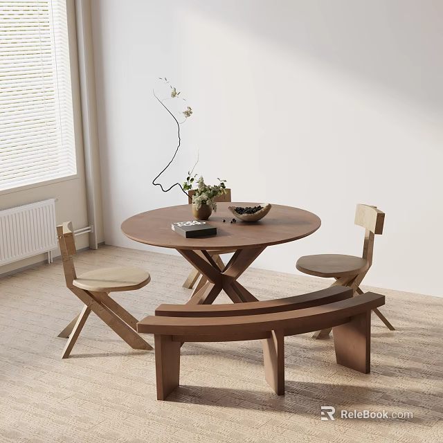 Minimalist Round Wooden Dining Table Set With Chairs Bench And Potted Plant 3d model 