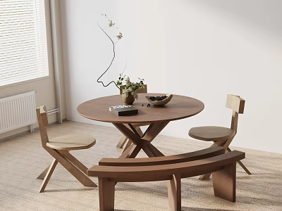 Minimalist Round Wooden Dining Table Set With Chairs Bench And Potted Plant 3d model