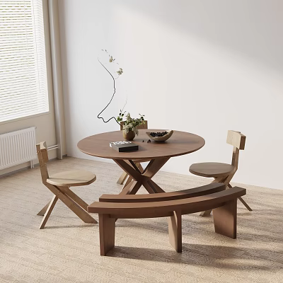 Minimalist Round Wooden Dining Table Set With Chairs Bench And Potted Plant 3d model