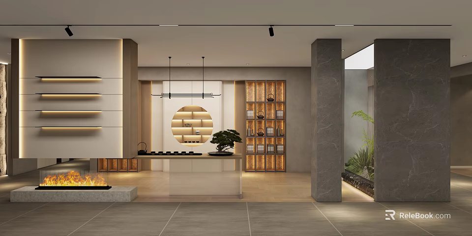 Modern Study Room Interior With Wooden Bookshelves Writing Desk And Pendant Lighting 3d model 