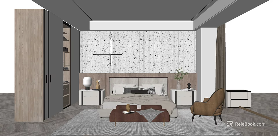 Modern Bedroom Featuring Background Double Bed Patterned Wall Nightstands And Accent Chair 3d model