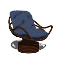 Blue Cushioned Leisure Chair With Brown Curved Frame And Round Swivel Base
