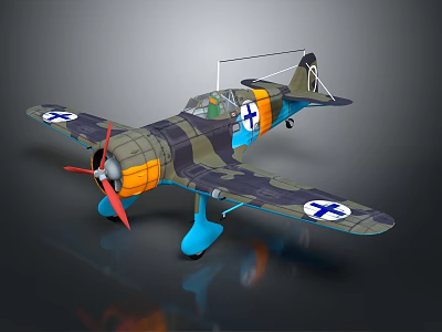 Vintage Military Airplane Model With Camouflage Paint Red Propeller And Blue Cross Markings 3d model