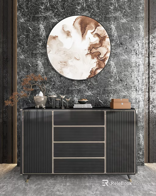 Stylish Entryway Console Table And Side Cabinet With Round Marble Mirror Dark Textured Wall Decor 3d model