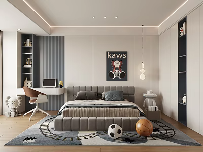 Modern Kids Room Interior Design With Comfortable Bed Study Desk Sports Balls And KAWS Poster 3d model