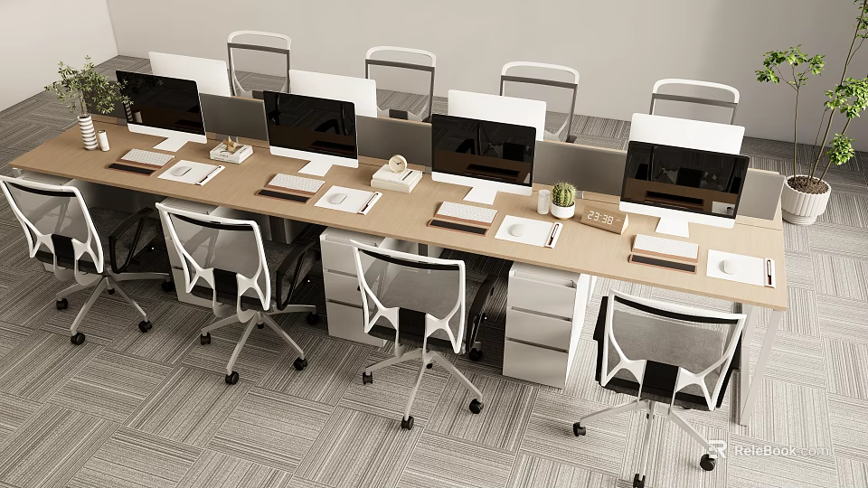 Modern Office Work Desks With Ergonomic Chairs Computer Monitors And Potted Plants 3d model 