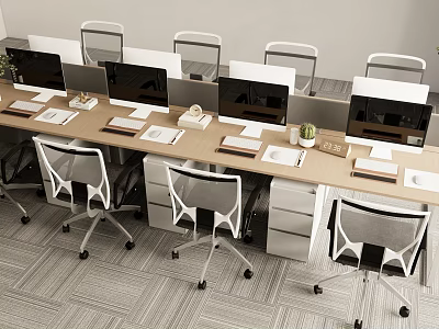 Modern Office Work Desks With Ergonomic Chairs Computer Monitors And Potted Plants 3d model
