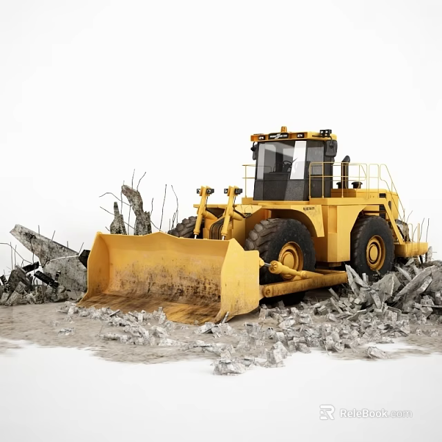 Yellow Bulldozer Working At Construction Site With Debris And Collapsed Structures 3d model 