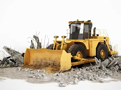 Yellow Bulldozer Working At Construction Site With Debris And Collapsed Structures 3d model