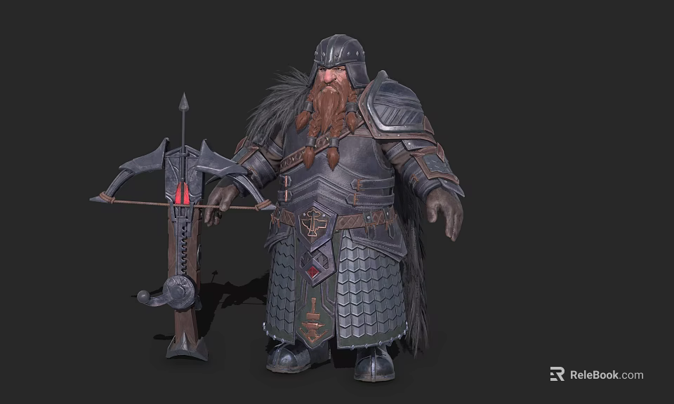 Bearded Fantasy Dwarf Character Wearing Heavy Armor With Large Bow And Arrow 3d model 