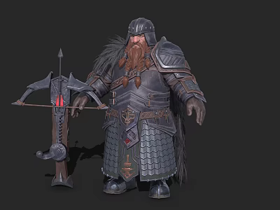 Bearded Fantasy Dwarf Character Wearing Heavy Armor With Large Bow And Arrow 3d model