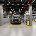 4S Dealership Car Service Garage Interior With Orange Sports Car Tire Racks And Yellow Lines