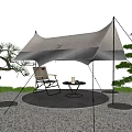Outdoor Camping Tent Setup With Folding Chair Small Table And Green Plants