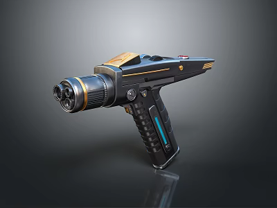 Futuristic Sci Fi Handgun Featuring Gold Accents Black Body And Blue Grip Design 3d model