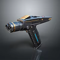 Futuristic Sci Fi Handgun Featuring Gold Accents Black Body And Blue Grip Design