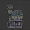 Cartoon Scene Depicting A Charming House With Green Roof Tower And Wooden Balcony