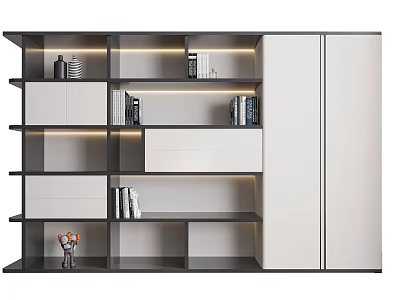 Modern Bookcase Design With Open Shelves White Cabinets Books And Decorations 3d model