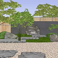 Japanese Garden Landscape With Wooden Fence Green Plants Stone Stepping Path Moss And Large Rocks