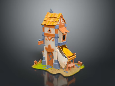 Whimsical 3D Building Model Featuring Yellow Roof Orange Walls Awning Green Grass And Fence 3d model