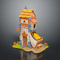 Whimsical 3D Building Model Featuring Yellow Roof Orange Walls Awning Green Grass And Fence