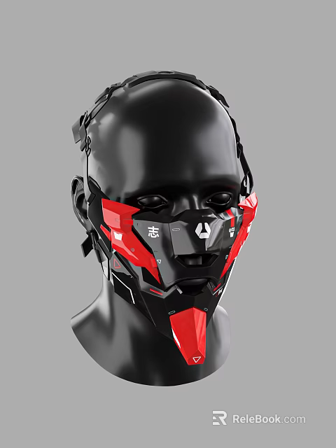 Futuristic Character Head With Red Black Geometric Mask And Tech Design Elements 3d model 