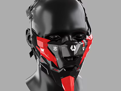 Futuristic Character Head With Red Black Geometric Mask And Tech Design Elements 3d model