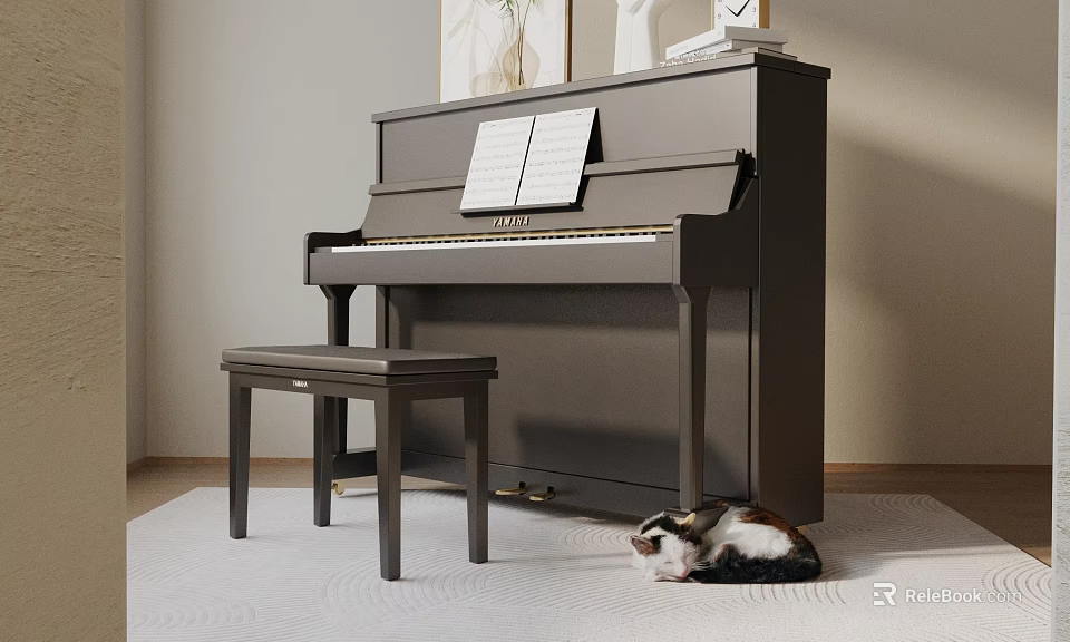 Cozy Room With Piano Musical Instrument Art Supplies Sheet Music Stool And Cat On Rug 3d model 