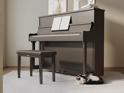 Cozy Room With Piano Musical Instrument Art Supplies Sheet Music Stool And Cat On Rug 3d model