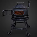 Vintage Metal Stove with Wheeled Stand and Red Glowing Interior Design
