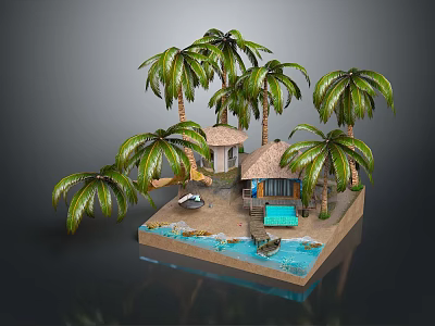 Tropical Island Scene With Palm Trees Hut And Blue Water Pool 3d model