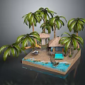 Tropical Island Scene With Palm Trees Hut And Blue Water Pool