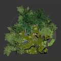 Miniature Architectural House in Lush Green Landscape with Trees Grass and Pond