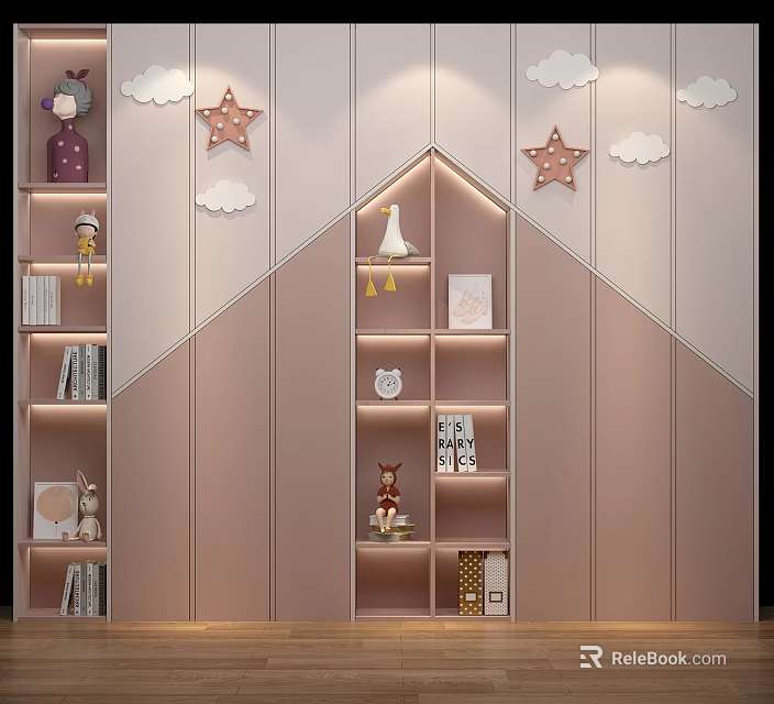 Pink Kids Wardrobe with Star and Cloud Decorations Lighted Shelves and Stuffed Toys 3d model 