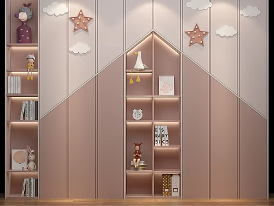 Pink Kids Wardrobe with Star and Cloud Decorations Lighted Shelves and Stuffed Toys 3d model