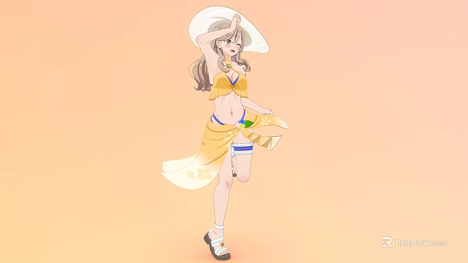 Woman In Yellow Bikini Top And Floral Skirt With White Sun Hat On Orange Background 3d model 