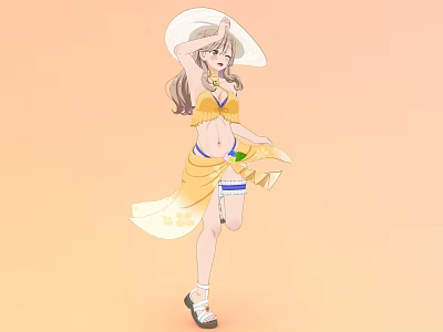 Woman In Yellow Bikini Top And Floral Skirt With White Sun Hat On Orange Background 3d model