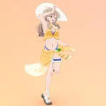 Woman In Yellow Bikini Top And Floral Skirt With White Sun Hat On Orange Background
