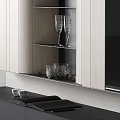 Modern TV Wall With Light Wood Panels Black Open Shelves Glasses And Black TV Stand