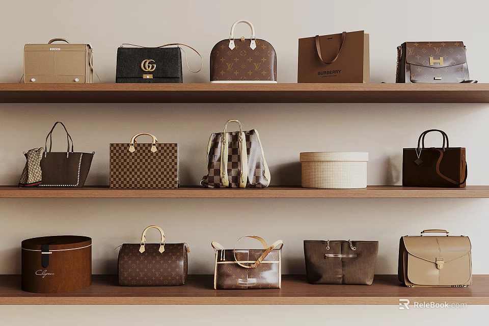 Stylish Bags And Luggage Displayed On Wooden Shelves With Classic Patterns And Leather Designs 3d model 