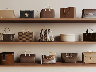 Stylish Bags And Luggage Displayed On Wooden Shelves With Classic Patterns And Leather Designs 3d model