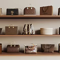 Stylish Bags And Luggage Displayed On Wooden Shelves With Classic Patterns And Leather Designs