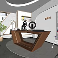 Contemporary Public Office Space Interior Design With Geometric Desk Ring Lights Whiteboard And Charts