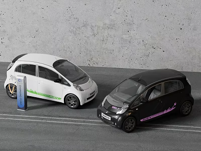 Stylish White And Black Electric City Cars With Green Purple Stripes 3d model