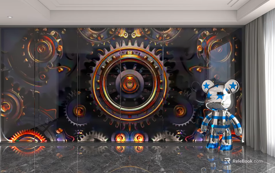 Mechanical Style Background Wall With Colorful Gear Patterns And Decorative Bear Figurine 3d model 