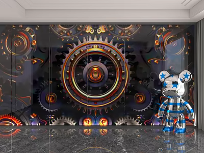 Mechanical Style Background Wall With Colorful Gear Patterns And Decorative Bear Figurine 3d model