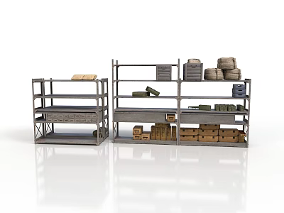Sturdy Metal Storage Shelves With Organized Household Items Boxes And Stacked Bags 3d model
