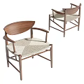 Modern Single Chair With Walnut Wooden Frame Curved Armrests And Woven Seat Cushion
