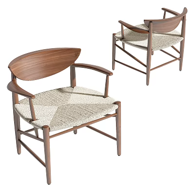 Modern Single Chair With Walnut Wooden Frame Curved Armrests And Woven Seat Cushion 3d model