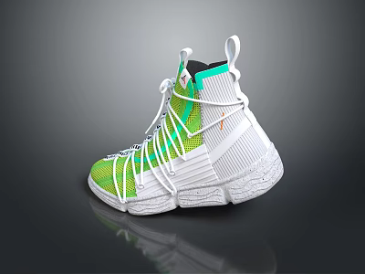 Stylish Green And White High Top Sneakers With Unique Lace Design And Mesh Upper 3d model