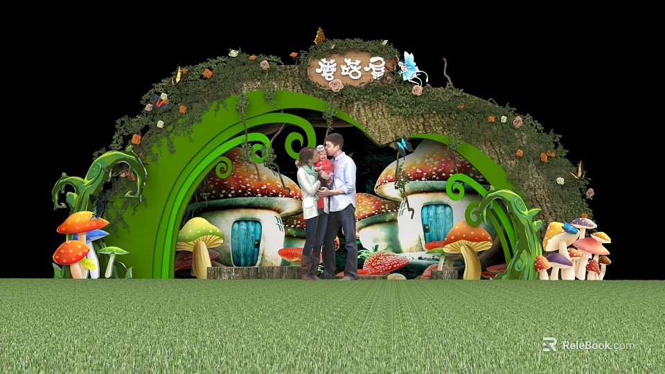 Enchanting Mushroom House Photo Spot With Green Arch Vines Flowers And Colorful Mushrooms 3d model 
